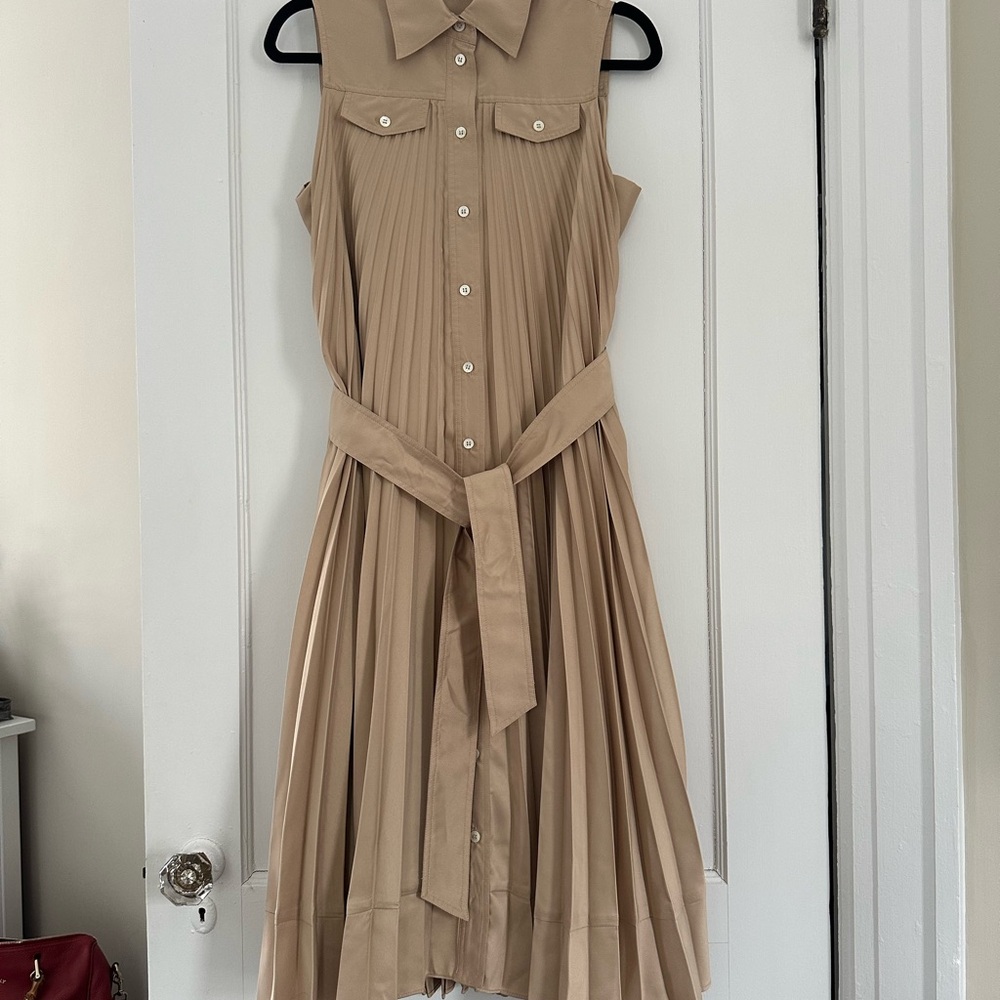 Elie Tahari Beige Pleated Midi Dress